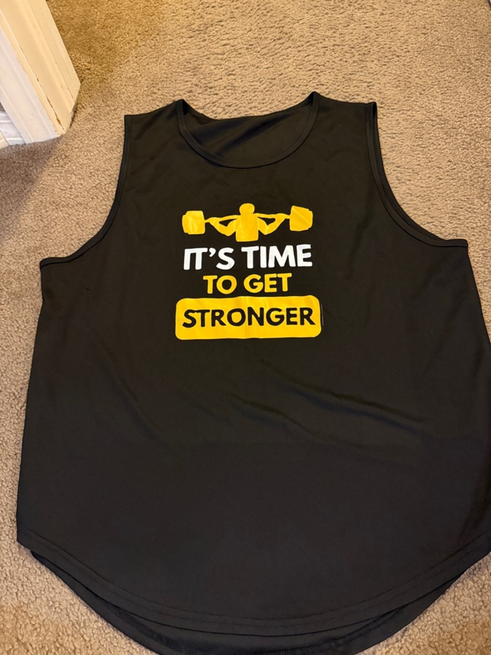 Black Workout Tank with Yellow 'It's Time to Get Stronger' Graphic